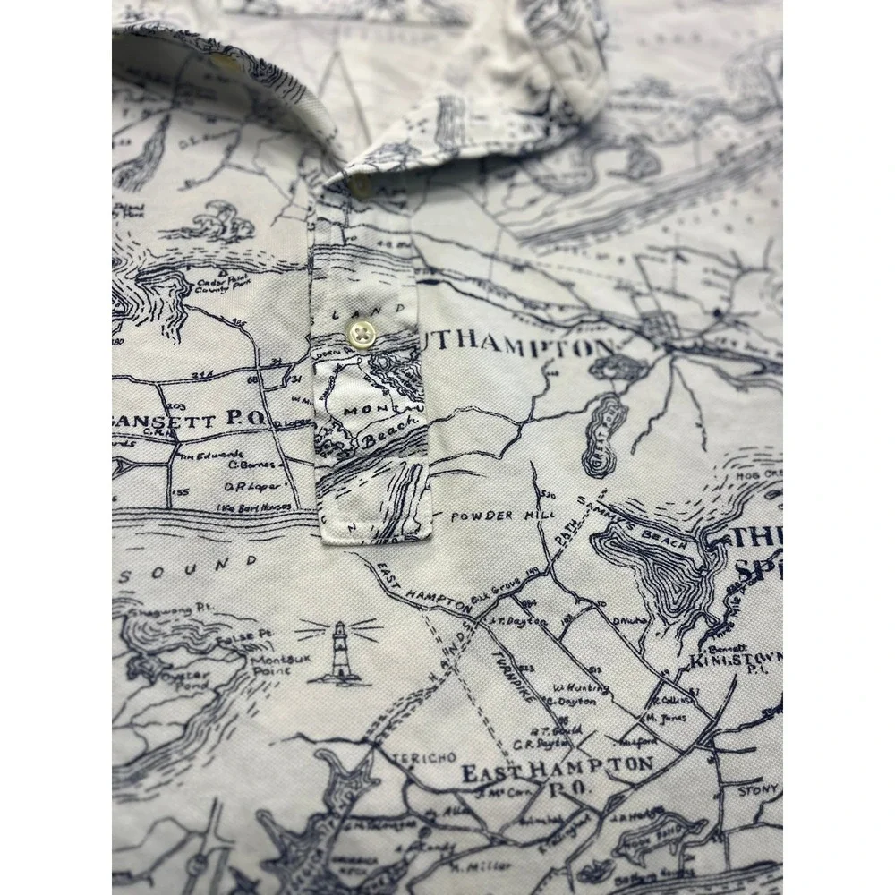 Ralph‎ Lauren Mens 2XLT Knit Oxford Polo Shirt Hamptons Map Montauk White Navy